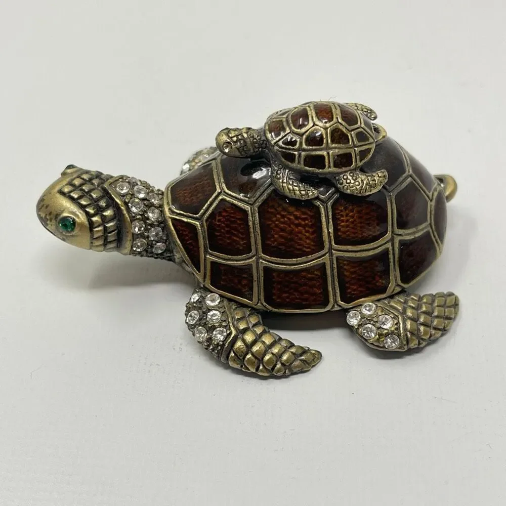 Sea Turtle & Baby Rhinestone Enamel Metal Trinket Pill Ring Box Hinged Magnetic
